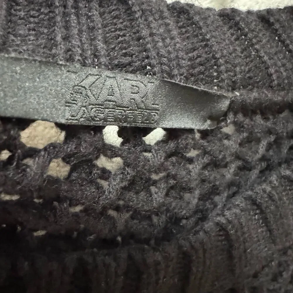Karl Lagerfeld Black Open Knit Wool Cotton Sweater w/ Leather Sleeve Stripes L